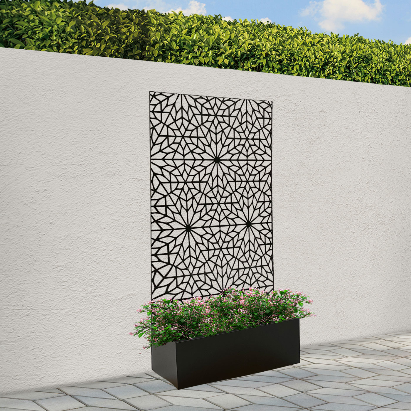 Image of Black rectangular planter with geometric pattern