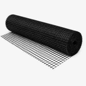 Biaxial Geogrid 20kN roll partially unrolled, showing its black square-aperture construction