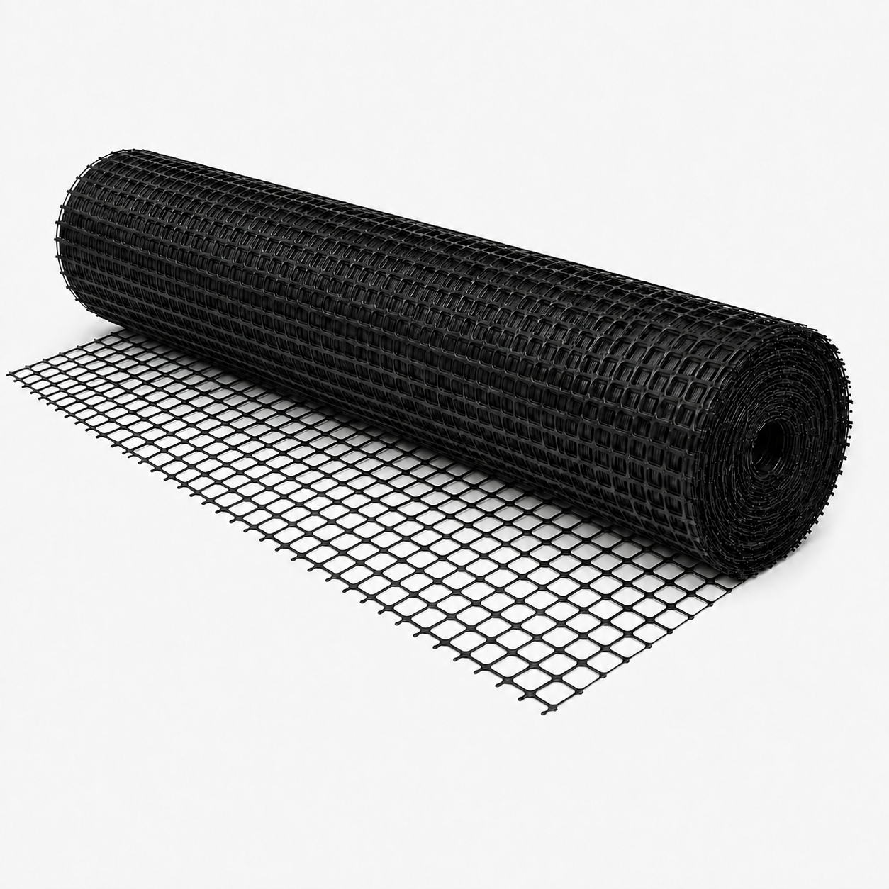 Biaxial Geogrid 20kN roll partially unrolled, showing its black square-aperture construction