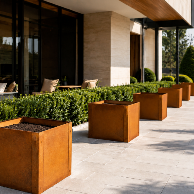 Flat pack planters at a house
