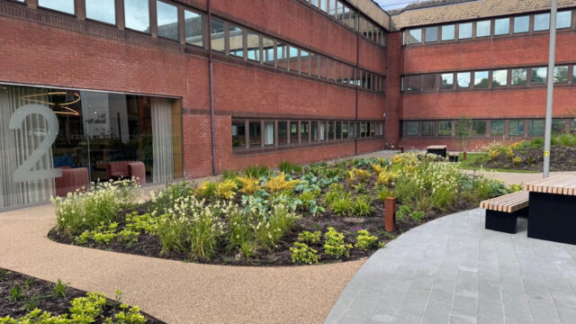 Curved planted beds and paths defined by Corten edging at Booths Park.