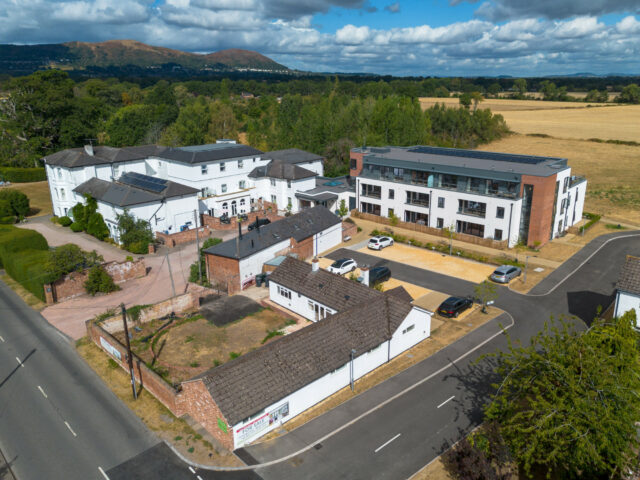 Aerial view of Albion Meadows and its landscaped grounds in Hanley Swan.