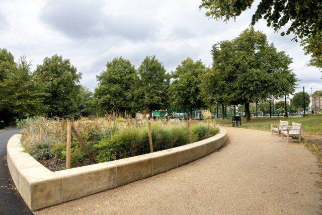 Finished paths, seating and planted beds at Barnard Park in Islington.