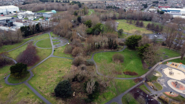 Aerial view of the connected paths and planted glades at Brooklands Park.