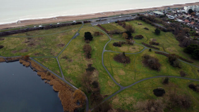 Aerial view of Brooklands Park beside the coast.