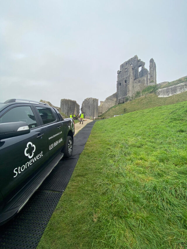 Stonewest vehicle beside the grassy access route at Corfe Castle.