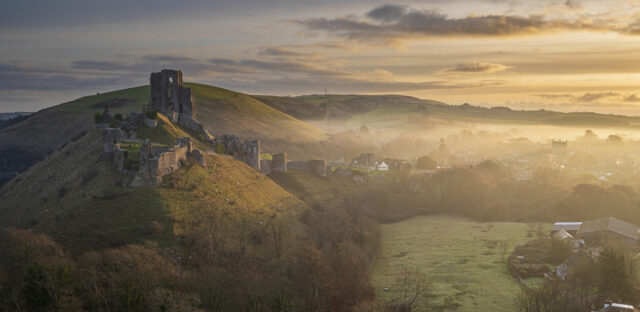 Corfe Castle’s hilltop setting during the conservation project.