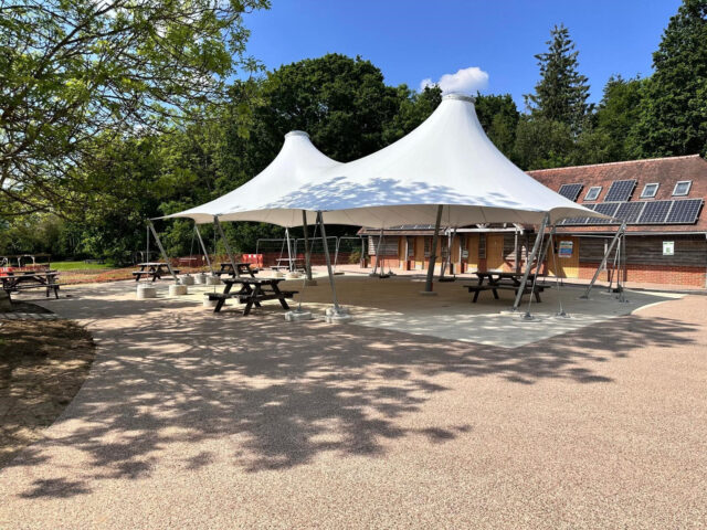Visitor facilities and outdoor seating at Itchen Valley Country Park.