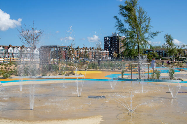 Finished water play area at Littlehampton’s West Green seafront.