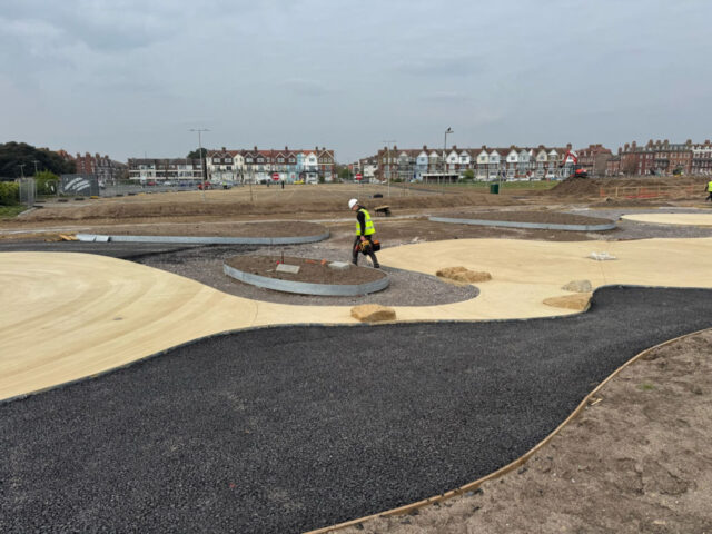 Curved landscape boundaries during construction at Littlehampton Seafront.