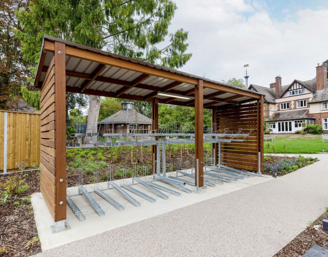 Cycle parking and a landscaped route at Lucy Cavendish College.
