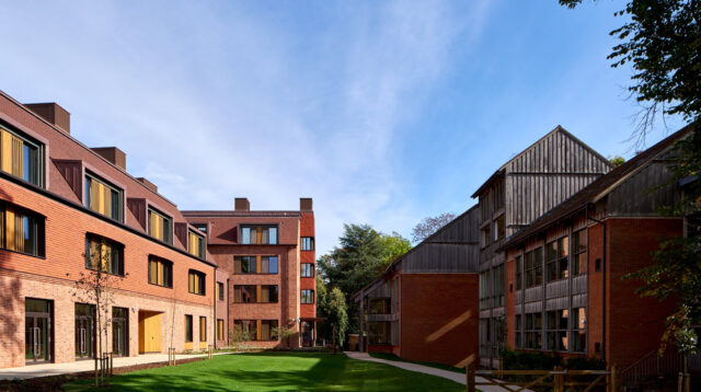 Courtyard lawn and surrounding buildings at Lucy Cavendish College.