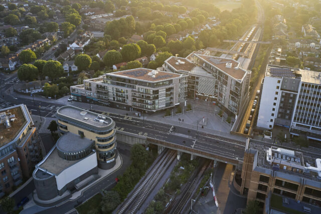 Aerial view of Twickenham station and surrounding regeneration.